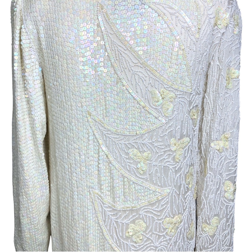 Vintage 100% Silk Ivory 70s 80s Fully Beaded Sequin Long Sleeve Dress - Picture 12 of 15